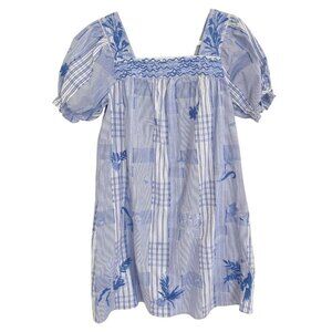 Johnny Was XL Marbella Square Neck Dress Blue Plaid Embroidered NWT MSRP $348